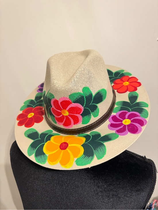 Accessories - Mexican Artisanal Cream Floral Multi-colored Hand Painted Hat Size L